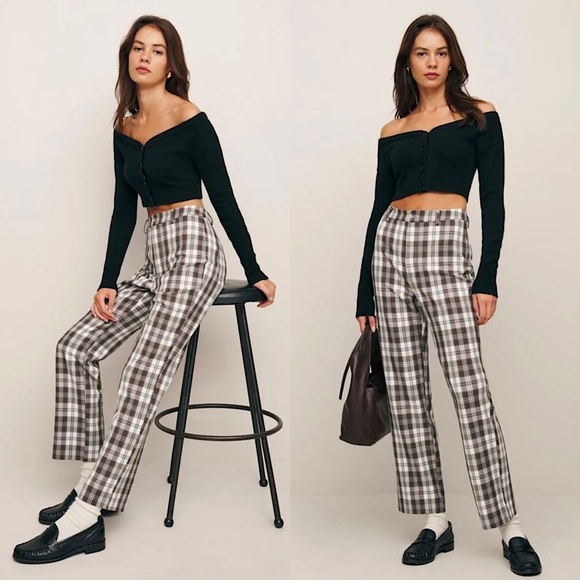 REFORMATION 90s Plaid Check Recycled High Rise Ankle Crop Straight Leg Trouser 8 - Picture 1 of 7